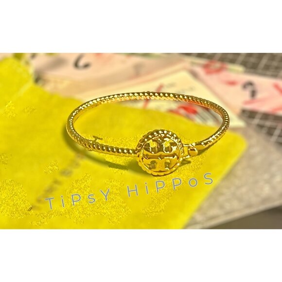 Tory Burch Gold Tone Logo Bracelet With Textured Band & Iconic Emblem - Picture 4 of 9